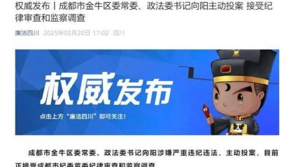 主动投案！成都市金牛区委常委、政法委书记向阳接受审查调查